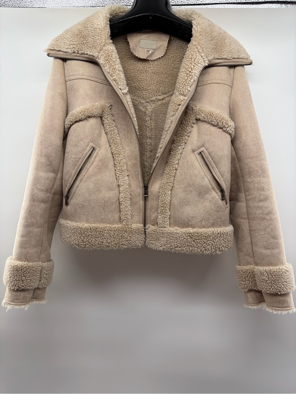 MOTHER The Roamer Beige Faux Leather Shearling Aviator Jacket Moto Bomber Small